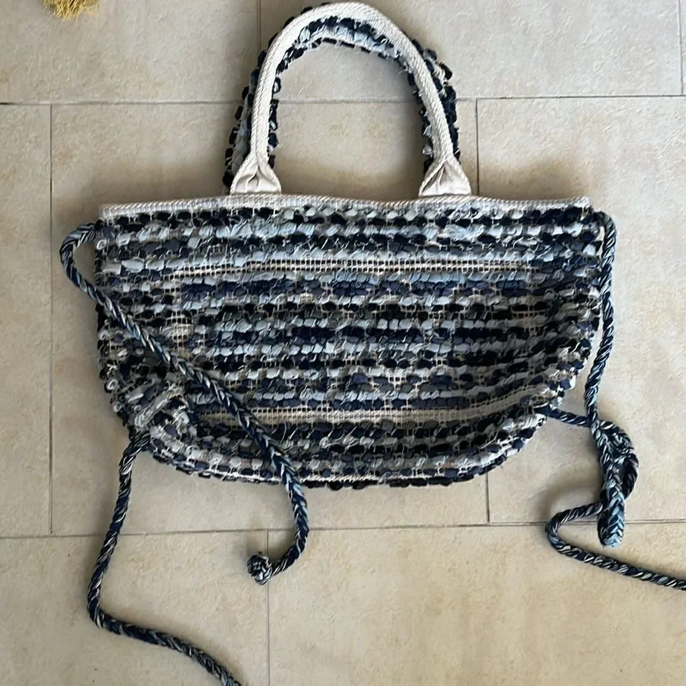 Large Cotton Canvas Tote Bag - Blue Stitched BRAND NEW - Pom Detailing